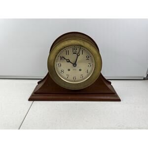 Chelsea Ships Bell Brass Clock Vintage Working Conditions Wood Base Stand